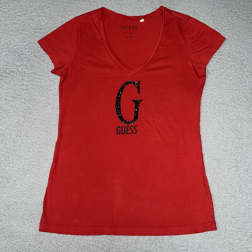 Guess Los Angeles T Shirt Women Sz M Red Crystal Logo V Neck Top Made India Tee